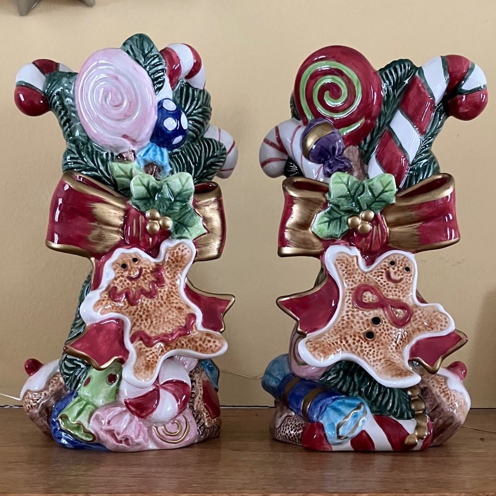 2 Fitz and Floyd Sugar Plum gingerbread man candy cane lg taper candle holders